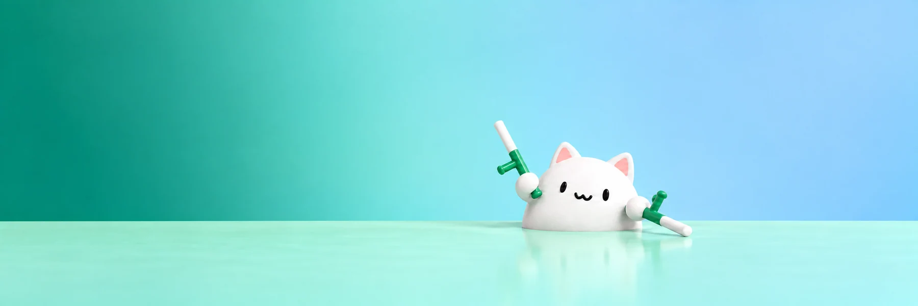 A wide scene of Bongo Cat playing stonkbatons at the desk