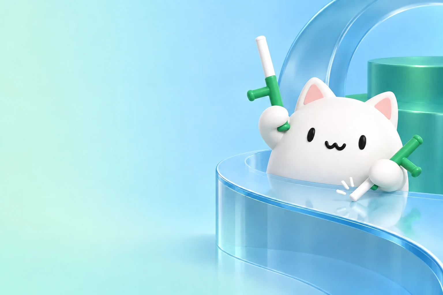 Bongo Cat holding green-and-white side-handle stonkbatons at a mint desk
