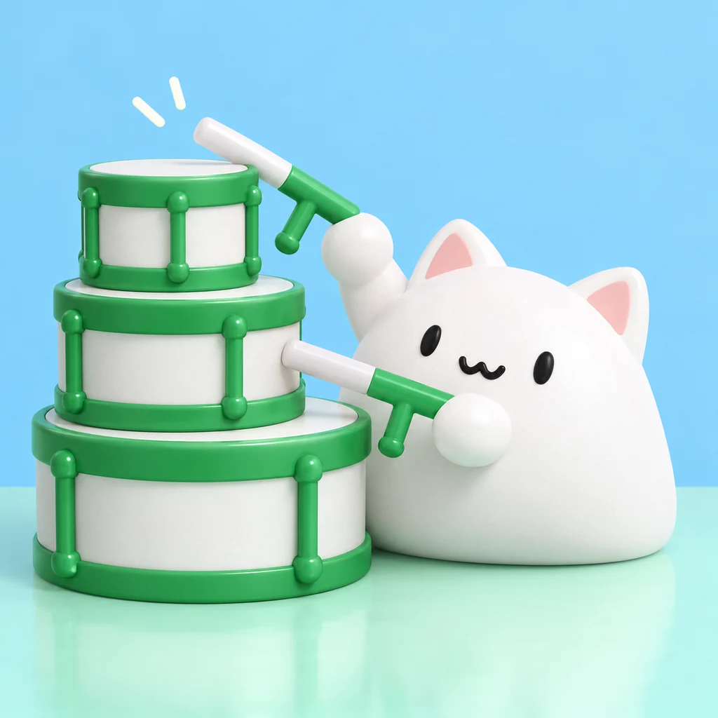 Bongo Cat using stonkbatons to play a stack of unmarked drums